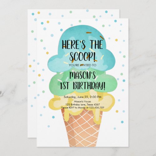 Ice Cream Cone Confetti Boy First Birthday Invitat Invitation