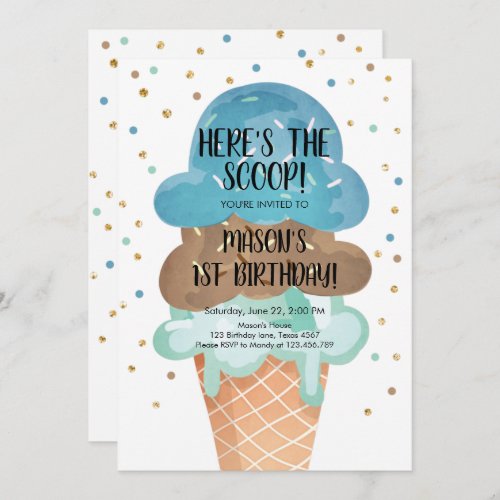 Ice Cream Cone Confetti Boy First Birthday Invitation