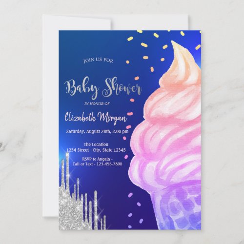 Ice cream Cone Confetti Royal Blue Baby Shower Invitation