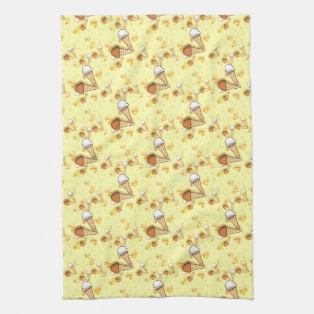 Ice Cream Cone Cornet Pattern Sunny Yellow Kitchen Towel (Vertical)