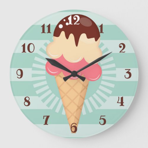 Ice Cream Cone _ Cute Chocolate Vanilla Mint Green Large Clock