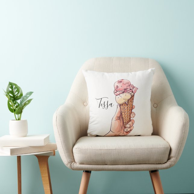 Ice Cream Cone Design Monogram Name Throw Pillow (Chair)