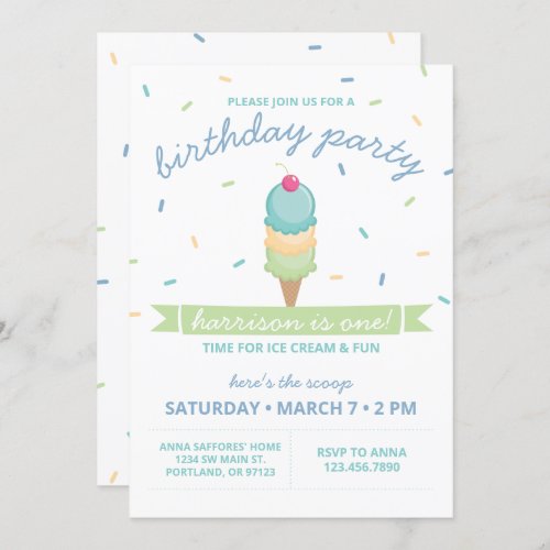 Ice Cream Cone First Birthday Party _ Boy Invitation