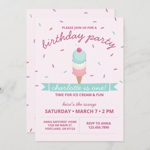 Ice Cream Cone First Birthday Party Invitation