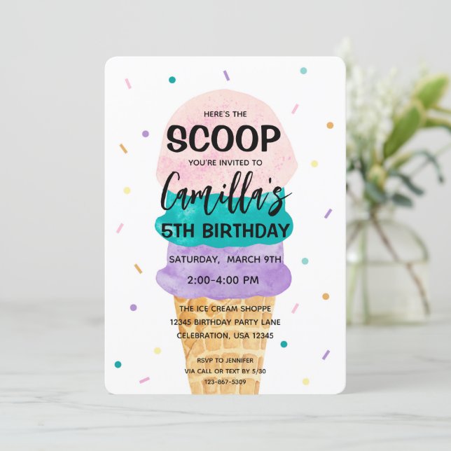 Ice Cream Cone Girl Birthday Party Invitation (Standing Front)