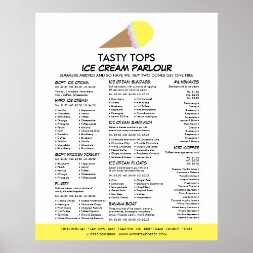 Ice Cream Cone Ice Cream Parlor Menu Poster