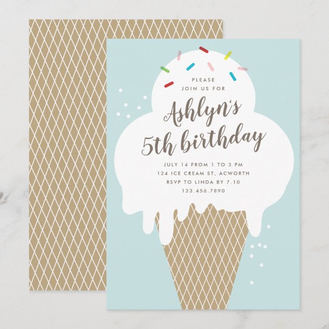 Ice cream cone kids blue birthday party invitation (Front/Back)
