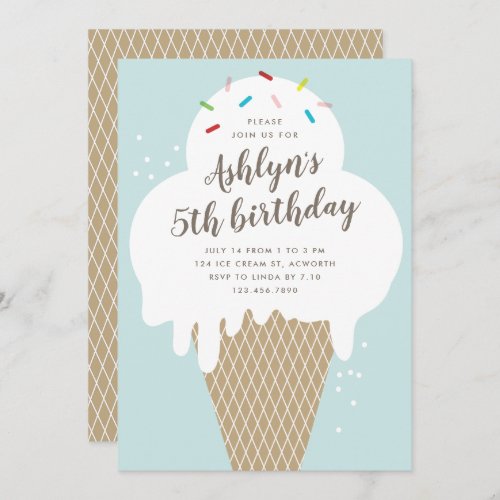Ice cream cone kids blue birthday party invitation