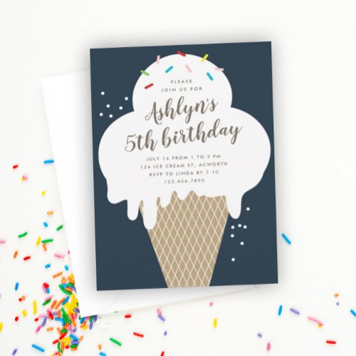 Ice Cream Cone Kids Blue Birthday Party Invitation