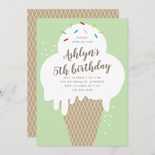 Ice cream cone kids green birthday party invitation