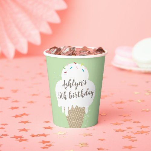 Ice Cream Cone Kids Green Birthday Party  Paper Cups