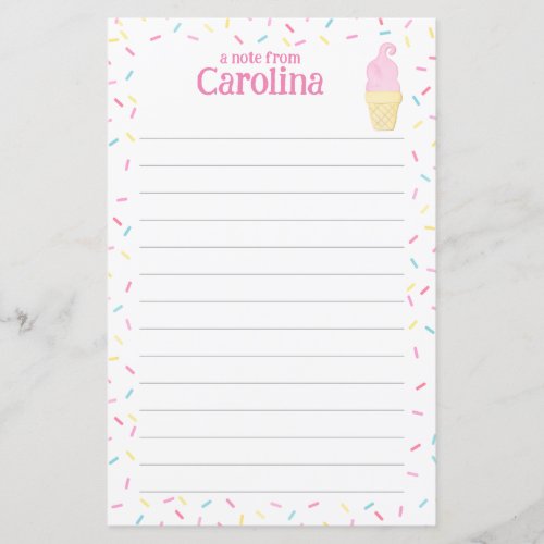 Ice Cream Cone Kids Lined Letter Writing Paper