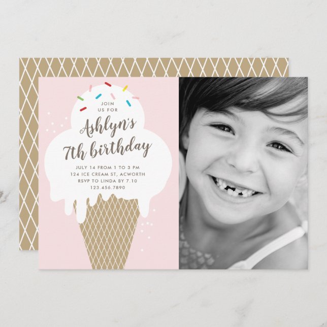 Ice cream cone kids photo birthday party invitation (Front/Back)