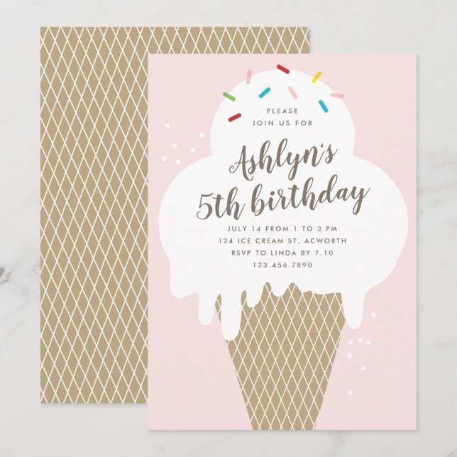 Ice cream cone kids pink birthday party invitation (Front/Back)