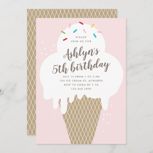 Ice cream cone kids pink birthday party invitation