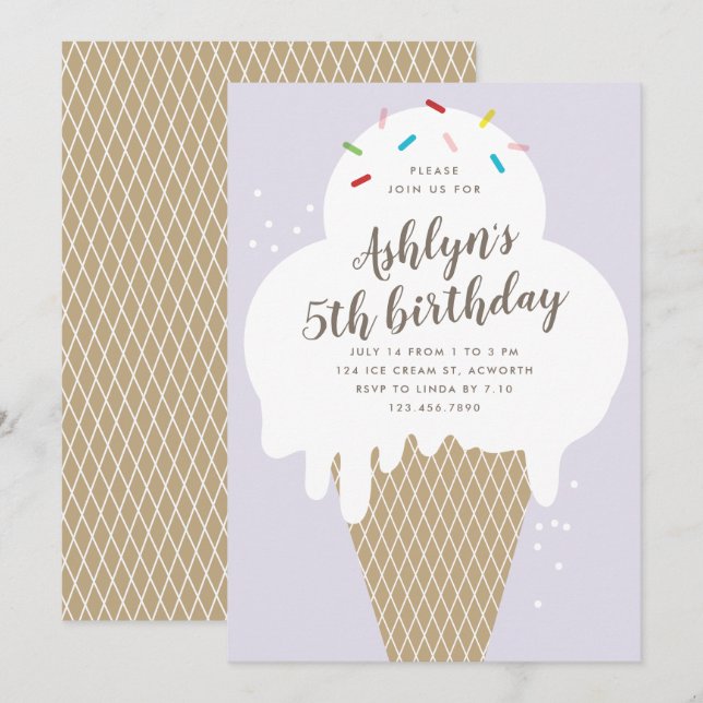 Ice cream cone kids purple birthday party invitation (Front/Back)