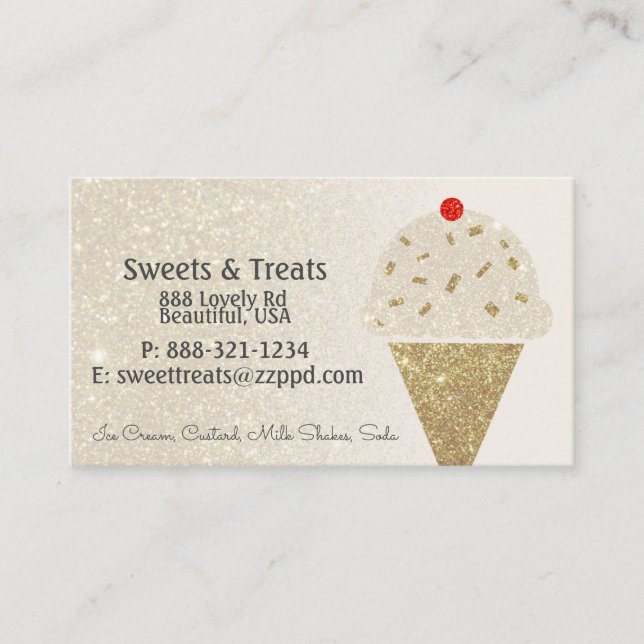 Ice Cream Cone on Ivory Glitter Gradient Business Card (Front)