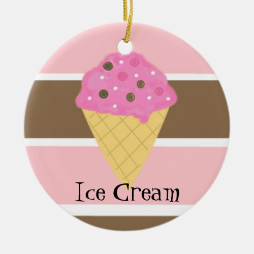 Ice Cream Cone on Neapolitan Stripes Ceramic Ornament