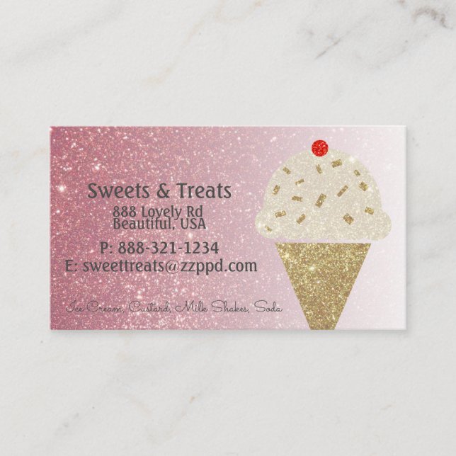 Ice Cream Cone on Pink Blush Glitter Gradient Business Card (Front)