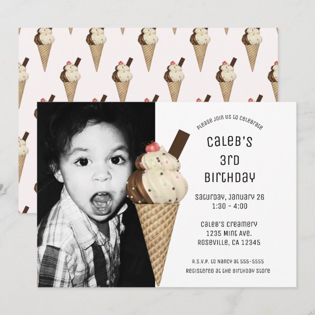 Ice Cream Cone Party Custom Birthday Photo  Invitation (Front/Back)