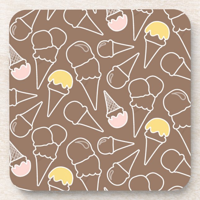 Ice Cream Cone Pattern on Brown Beverage Coaster (Front)