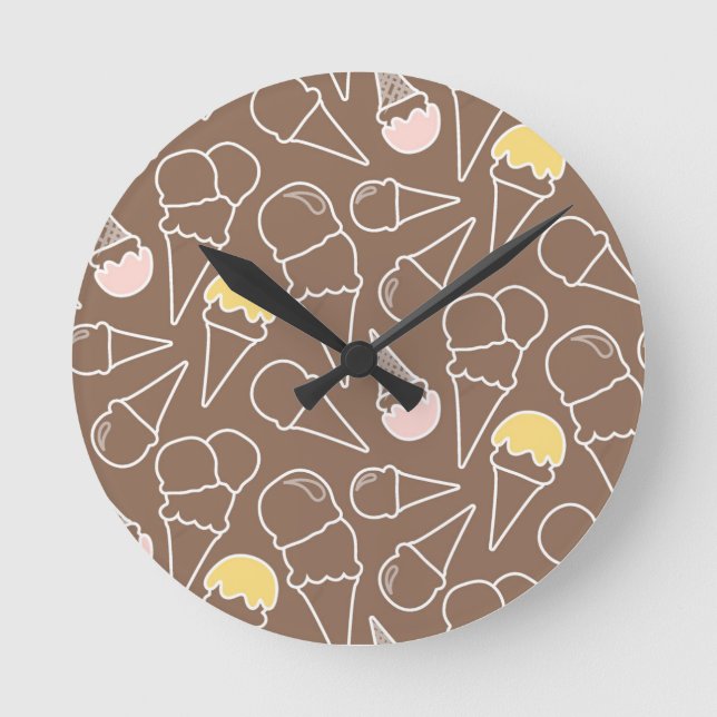 Ice Cream Cone Pattern on Brown Round Clock (Front)