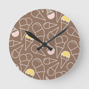 Ice Cream Cone Pattern on Brown Round Clock