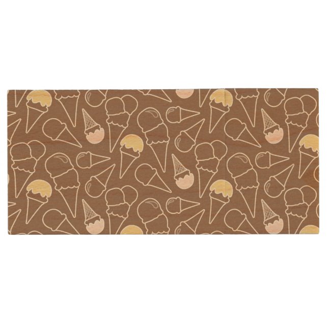 Ice Cream Cone Pattern on Brown Wood USB Flash Drive (Front)