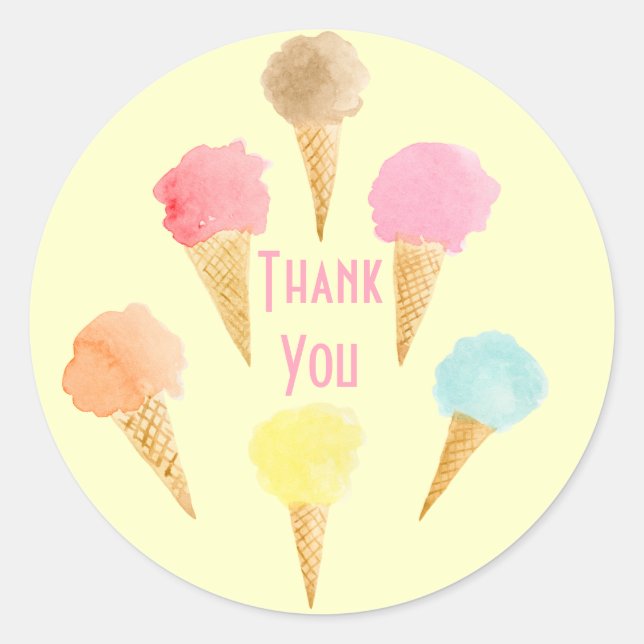 Ice Cream Cone Pattern Yellow Editable Thank You Classic Round Sticker (Front)