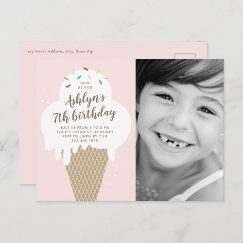 Ice Cream Cone Photo Kids Birthday Party Invitation Postcard