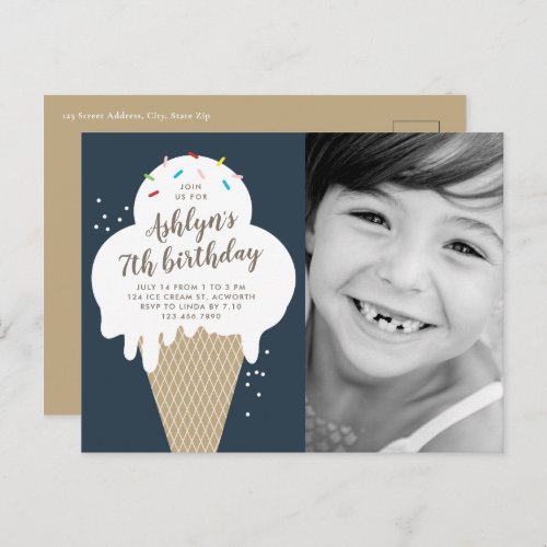 Ice Cream Cone Photo Kids Birthday Party Invitation Postcard