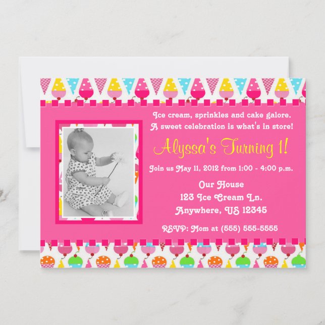 Ice Cream Cone Pink Girl Photo Birthday Invitation (Front)