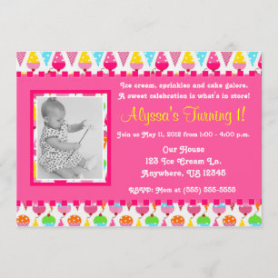 Ice Cream Cone Pink Girl Photo Birthday Invitation