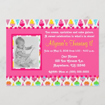 Ice Cream Cone Pink Girl Photo Birthday Invitation by mybabytee at Zazzle