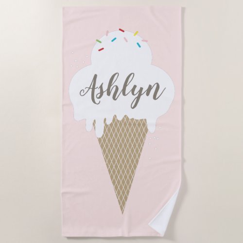 Ice Cream Cone Pink Script Kids Beach Towel
