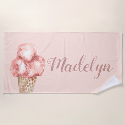 Ice Cream Cone Pink watercolor personalized Beach Towel