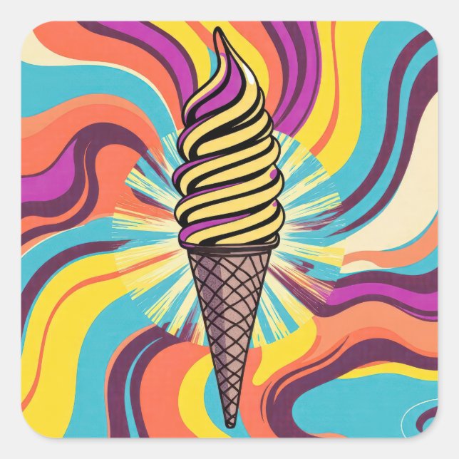 Ice Cream Cone Psychedelic Pop Art Square Sticker (Front)