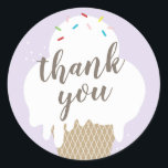 Ice cream cone purple kids thank you classic round sticker<br><div class="desc">A fun kids birthday thank you sticker featuring hand drawn ice cream cone with rainbow sprinkles.</div>