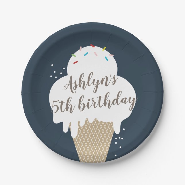 Ice Cream Cone Rainbow Sprinkles Kids Birthday Paper Plates (Front)