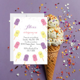Ice Cream Cone Scoop Confetti Pink Birthday Party Invitation