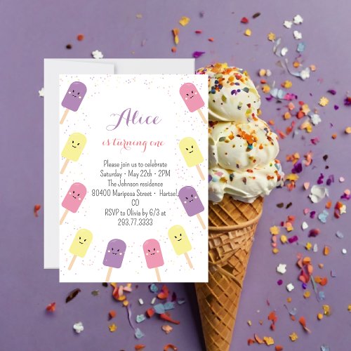 Ice Cream Cone Scoop Confetti Pink Birthday Party Invitation