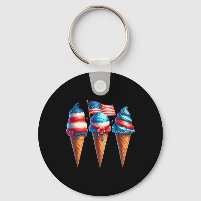 Ice Cream Cone Scoops Designed American Flag 4th O Keychain (Front)