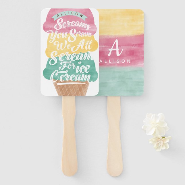 Ice Cream Cone Scoops Treat Bright Birthday Party Hand Fan (Front and Back)