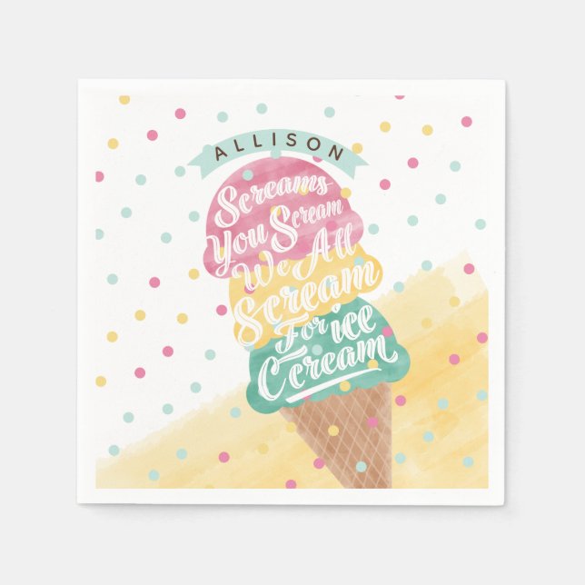 Ice Cream Cone Scoops Treat Bright Birthday Party Napkins (Front)