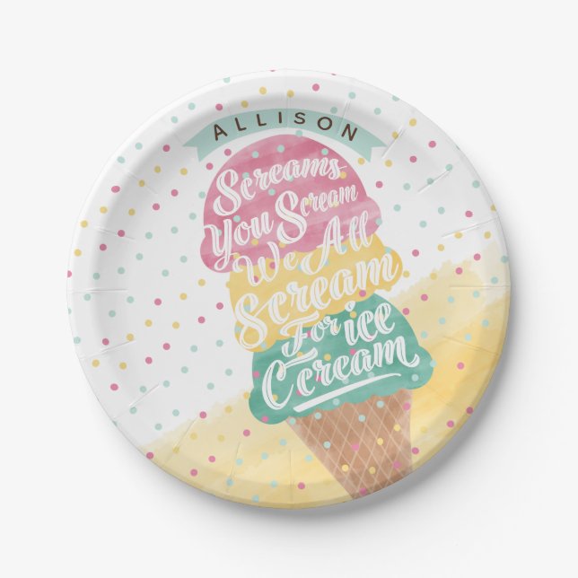 Ice Cream Cone Scoops Treat Bright Birthday Party Paper Plates (Front)