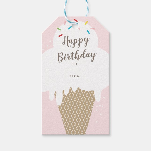 Ice Cream Cone Script Happy Birthday Gift Tags (Front)