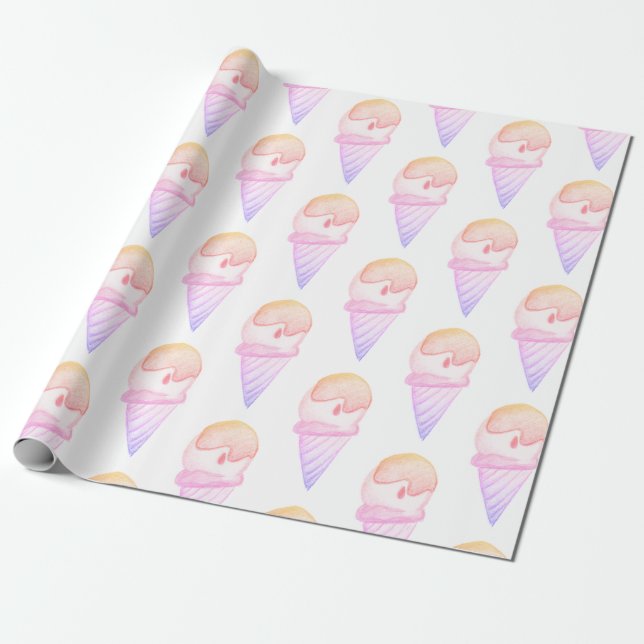 Ice Cream Cone Sketch | Pink & Purple Fade Wrapping Paper (Unrolled)