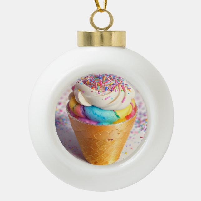 Ice Cream Cone Sprinkles Ceramic Ball Christmas Ornament (Front)