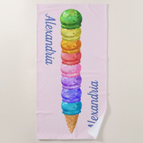 Ice Cream Cone Stack Colorful Pink Beach Towel