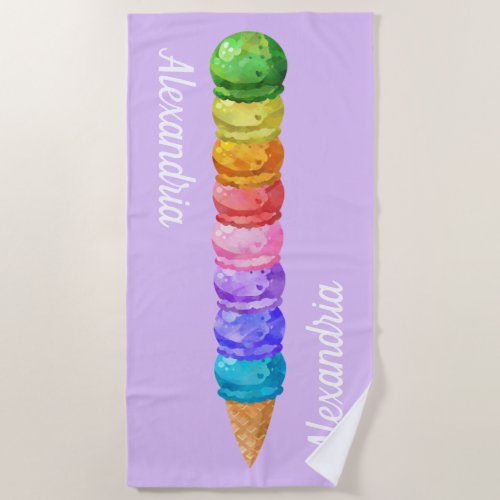 Ice Cream Cone Stack Colorful Purple Beach Towel